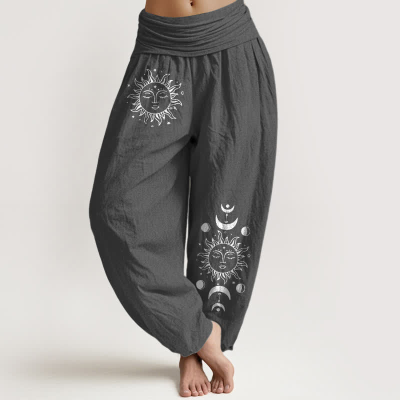 Buddha Stones Pure Cotton Sun Moon Pattern Women's Elastic Waist Harem Pants - DimGray - US16，UK/AU20，EU48 (3XL) - image 8