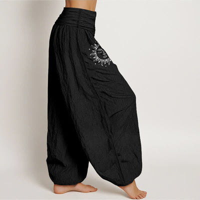 Buddha Stones Pure Cotton Sun Moon Pattern Women's Elastic Waist Harem Pants - image 6