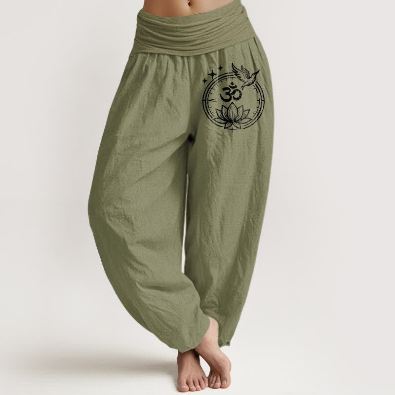 Buddha Stones Pure Cotton Lotus Om Bird Pattern Women's Elastic Waist Harem Pants - OliveDrab - US16，UK/AU20，EU48 (3XL) - image 14