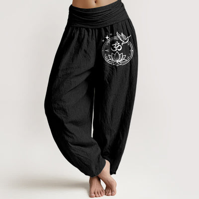 Buddha Stones Pure Cotton Lotus Om Bird Pattern Women's Elastic Waist Harem Pants - Black - US16，UK/AU20，EU48 (3XL) - image 5