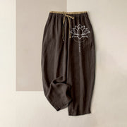 Foviel Pure Cotton Serene Lotus Pattern Women's Elastic Waist Pants With Pockets