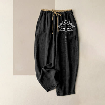 Buddha Stones Pure Cotton Serene Lotus Pattern Women's Elastic Waist Pants With Pockets - Black - US16，UK/AU20，EU48 (3XL) - image 0