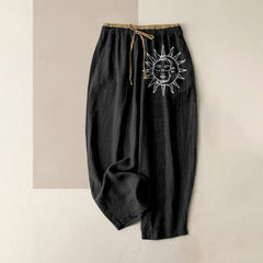 Buddha Stones Pure Cotton Celestial Sun Pattern Women's Elastic Waist Pants With Pockets - Black - US16，UK/AU20，EU48 (3XL) - image 0