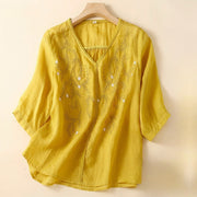 Foviel Sommer Casual Blume Zweige Stickerei Muster V-Ausschnitt Halbe Ärmel Damen T-Shirt