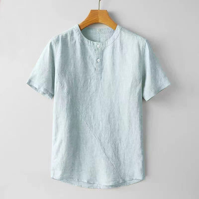 Buddha Stones Solid Color Short Sleeve Two Top Buttons Polyseter Linen Men's Shirt - PaleTurquoise - US/UK/AU44，EU54 (4XL) - image 7