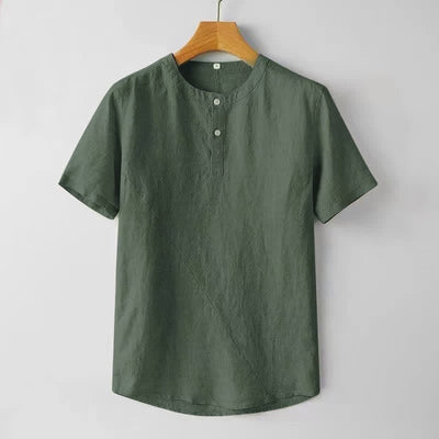Buddha Stones Solid Color Short Sleeve Two Top Buttons Polyseter Linen Men's Shirt - Olive - US/UK/AU44，EU54 (4XL) - image 8