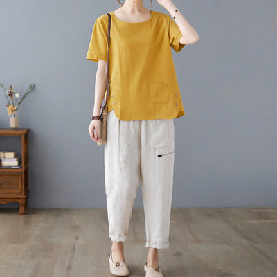 Buddha Stones Side Slit Design Women's Cotton Polyester Crew Neck Short Sleeve T-Shirt Wtih Pocket - image 4