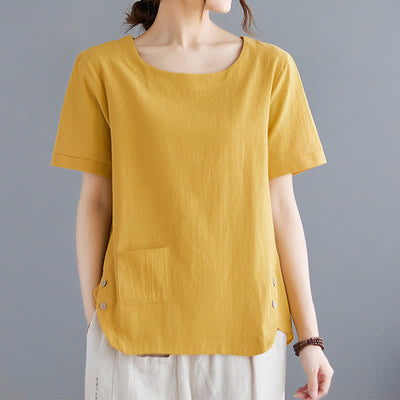Buddha Stones Side Slit Design Women's Cotton Polyester Crew Neck Short Sleeve T-Shirt Wtih Pocket - image 1