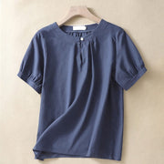 Foviel Casual Damen Uni Crew Hals Knopf Design Halbarm Hemd
