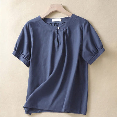 Buddha Stones Casual Women's Plain Crew Neck Button Design Half Sleeve Shirt - Navy - US8-10，UK/AU12-14，EU40-42 (2XL) - image 6