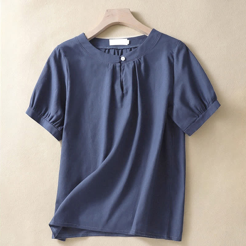 Buddha Stones Casual Women's Plain Crew Neck Button Design Half Sleeve Shirt - Navy - US8-10，UK/AU12-14，EU40-42 (2XL) - image 6