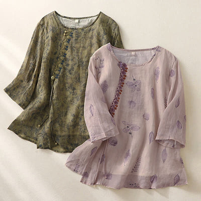 Buddha Stones Embroidery Design Leaves Women's Three Quarter Sleeve Shirt - image 20