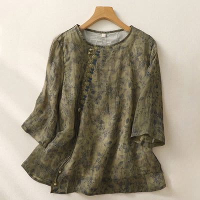 Buddha Stones Embroidery Design Leaves Women's Three Quarter Sleeve Shirt - OliveDrab - US12，UK/AU16，EU44 (2XL) - image 14