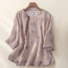 Buddha Stones Embroidery Design Leaves Women's Three Quarter Sleeve Shirt - Thistle - US12，UK/AU16，EU44 (2XL) - image 0