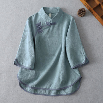 Buddha Stones Summer Tang Style Minimalist Mandarin Collar Frog Button Solid Women's Short Sleeve Shirts - PowderBlue - US12, UK/AU16, EU44 (3XL) - image 6