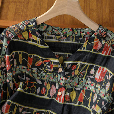Buddha Stones Plant Printed V-neck Button Design Women's Polyester Three Quarter Sleeve Shirt - image 11