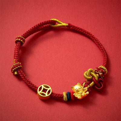 Buddha Stones Golden Lucky Cat Red String Protection Braided Bracelet - image 1