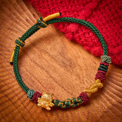 Buddha Stones Hand-Woven Red String Lucky Cat Protection Bracelet - Green String - image 0