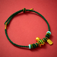 Buddha Stones Hand-Woven Red String Turtle Fu Character Endurance Bracelet - Green String - image 0