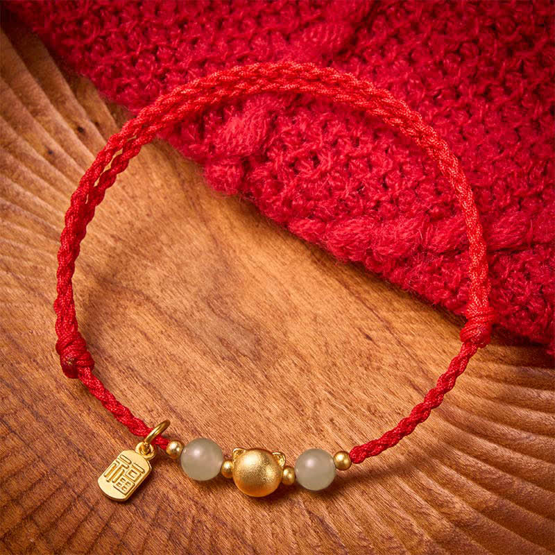 Buddha Stones Hetian Jade Fu Character Copper Cat Red String Bracelet - Red String(Protection ♥ Luck) - image 1