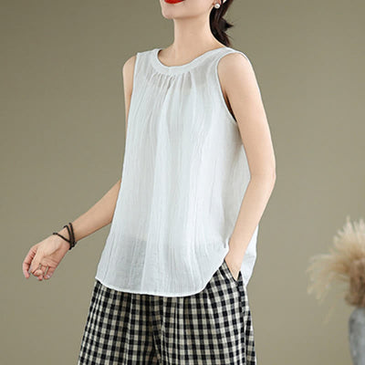 Buddha Stones Summer Wrinkles Simple Design Crew Neck Women's Sleeveless Vest Waistcoat - image 14