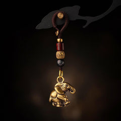 Buddha Stones Vintage Brass Elephant Five Emperor Coins Luck Keychains - Elephant With Auspicious Cloud Cord - image 0