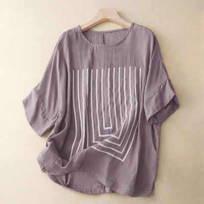 Buddha Stones Casual Line Printing Pattern Short Sleeve Cotton Linen Women's T-Shirt - Thistle - US12，UK/AU16，EU44 (2XL) - image 17