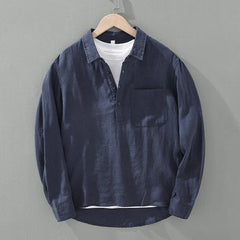 Buddha Stones Summer Casual Minimalist Solid Men's Long Sleeve Shirts With Patch Pocket - MidnightBlue - US/UK/AU44, EU54 (4XL) - image 0