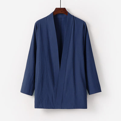 Buddha Stones Summer Minimalist Solid Cotton Linen Men's Kimono With Pocket - MidnightBlue - US/UK/AU50，EU60 (7XL) - image 0