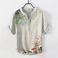 Buddha Stones Cotton Koi Fish Lotus Pattern Men's Short Sleeve Half Button Shirt - Linen - US/UK/AU50，EU60 (5XL) - image 0