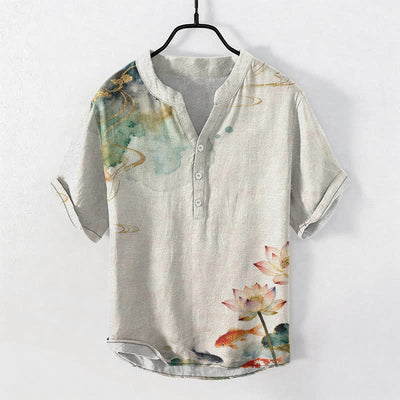 Buddha Stones Cotton Koi Fish Lotus Pattern Men's Short Sleeve Half Button Shirt - Linen - US/UK/AU50，EU60 (5XL) - image 0