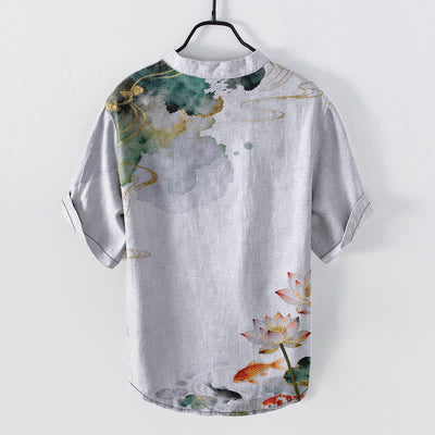 Buddha Stones Cotton Koi Fish Lotus Pattern Men's Short Sleeve Half Button Shirt - image 8