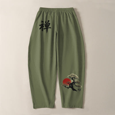 Buddha Stones Pure Cotton Zen Bonsai Sunset Pattern Drawstring Men's Tapered Pants With Pockets - image 10