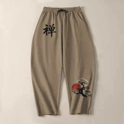 Buddha Stones Pure Cotton Zen Bonsai Sunset Pattern Drawstring Men's Tapered Pants With Pockets - image 13