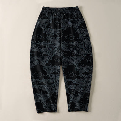 Buddha Stones Pure Cotton Japanese Cloud Wave Pattern Drawstring Men's Tapered Pants With Pockets - image 2