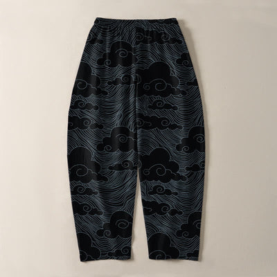 Buddha Stones Pure Cotton Japanese Cloud Wave Pattern Drawstring Men's Tapered Pants With Pockets - image 3