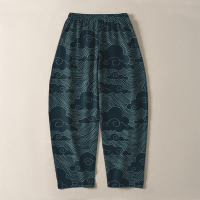 Buddha Stones Pure Cotton Japanese Cloud Wave Pattern Drawstring Men's Tapered Pants With Pockets - image 14