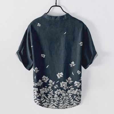 Buddha Stones Cotton White Floral Hem Pattern Men's Short Sleeve Half Button Shirt - Navy - US/UK/AU50，EU60 (5XL) - image 1