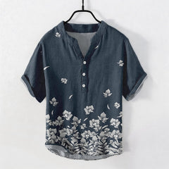 Buddha Stones Cotton White Floral Hem Pattern Men's Short Sleeve Half Button Shirt - image 0