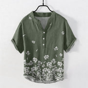 Foviel Cotton White Floral Hem Pattern Men's Short Sleeve Half Button Shirt