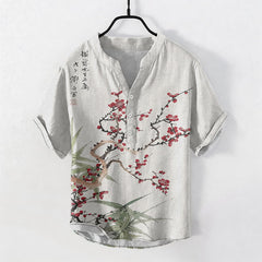 Buddha Stones Cotton Plum Blossom Bamboo Pattern Men's Short Sleeve Half Button Shirt - White - US/UK/AU50，EU60 (5XL) - image 0