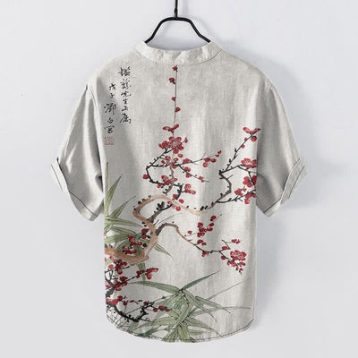 Buddha Stones Cotton Plum Blossom Bamboo Pattern Men's Short Sleeve Half Button Shirt - image 1