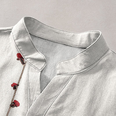 Buddha Stones Cotton Plum Blossom Bamboo Pattern Men's Short Sleeve Half Button Shirt - image 2