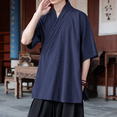 Buddha Stones Summer Tang Style Minimalist Side Slit V-Neck Solid Men's Short Sleeve Shirts With Pocket - image 5