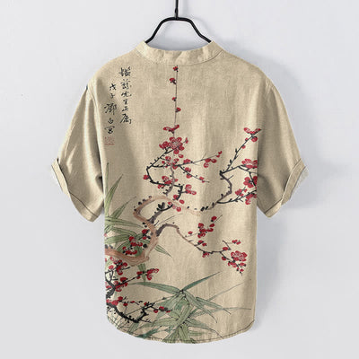 Buddha Stones Cotton Plum Blossom Bamboo Pattern Men's Short Sleeve Half Button Shirt - image 6