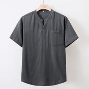 Foviel Summer Casual Tang Style Mandarin Collar Solid Cotton Linen Men's Short Sleeve Shirts With Pocket