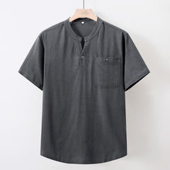 Buddha Stones Summer Casual Tang Style Mandarin Collar Solid Cotton Linen Men's Short Sleeve Shirts With Pocket - DimGray - US/UK/AU46, EU56 (5XL) - image 0