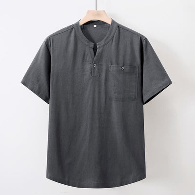 Buddha Stones Summer Casual Tang Style Mandarin Collar Solid Cotton Linen Men's Short Sleeve Shirts With Pocket - DimGray - US/UK/AU46, EU56 (5XL) - image 0