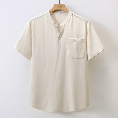 Buddha Stones Summer Casual Tang Style Mandarin Collar Solid Cotton Linen Men's Short Sleeve Shirts With Pocket - Beige - US/UK/AU46, EU56 (5XL) - image 9