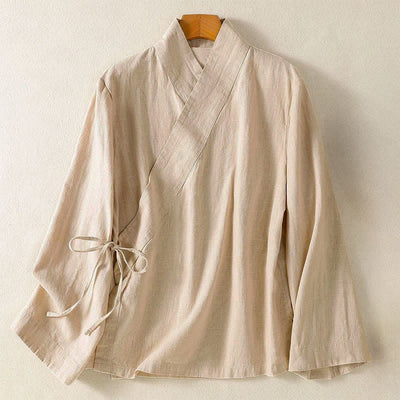 Buddha Stones Spring Summer Casual Tang Style V-Neck Drawstring Solid Women's Long Sleeve Shirts - AntiqueWhite - US12, UK/AU16, EU44 (3XL) - image 14